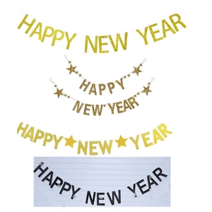 Glitter Happy New Year Banner Gold Black Hanging Garland For New Year Eve Party Decoration Home Ornament