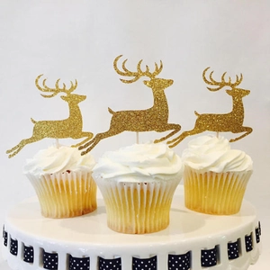 Décorations de Gâteau Renne à Paillettes Dorées et Pailles en Papier Noël Ensemble de Décoration de Dessert de Fête