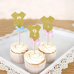 Gold Glitter Baby Onesie Cupcake Toppers With Pink And Blue Ribbons For Gender Reveal Party Decorations Question Mark Design