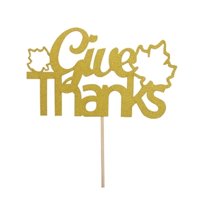 Golden glitter Give Thanks cake topper with maple leaf for Thanksgiving party decor