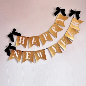Bannière Happy New Year Papier Pailleté Or Guirlande En Queue D'aronde Avec Noeuds En Velours Noir Décoration De Fête