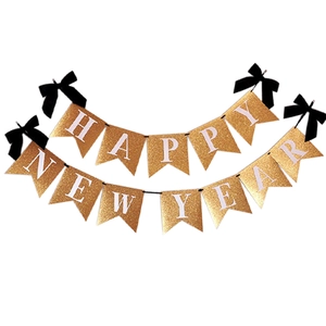 Banderole Happy New Year dorée scintillante avec nœuds noirs pour décoration de fête
