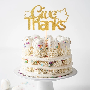 Golden glitter Give Thanks cake topper with maple leaves for Thanksgiving party decor