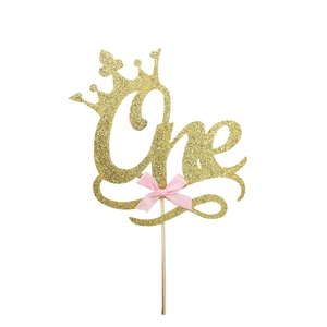 Glitter gold ONE crown cake topper with pink silk bow for 1st birthday party decoration
