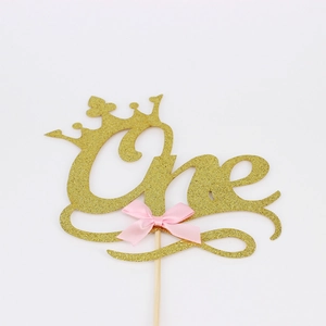 Glitter gold crown ONE cake topper with pink bow for first birthday party decoration