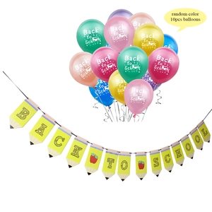Colorful Back to School banner set with pencil shape flags and cartoon school bus balloons
