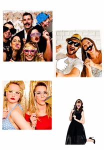 Close-up of Dirty 30 party photo booth props including glasses, lips, and funny moustaches