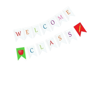 Colorful Welcome Class banner with pencil and apple designs for back to school decor