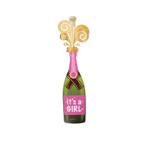 Champagne bottle balloon with it's a GIRL text and golden swirls for baby girl party