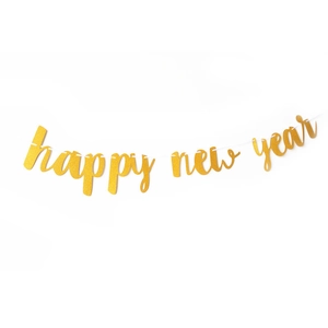 Glittering gold Happy New Year banner decoration with elegant cursive hanging letters