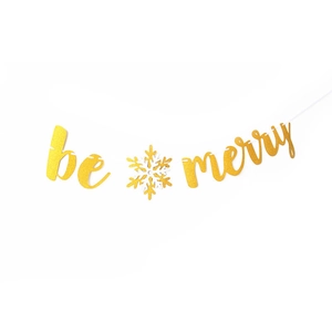 Golden glitter 'be merry' Christmas banner with white snowflake decoration on white background