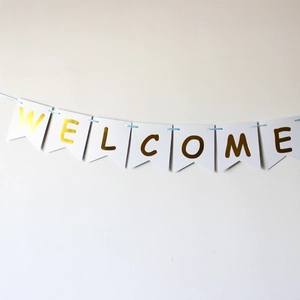 Χρυσό πανό Welcome με σημαίες σε σχήμα χελιδονιού και μπλε κορδέλα για πάρτι μωρού