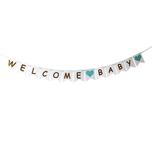 Πανό Welcome Baby με σημαίες χελιδονοουράς και σχέδια καρδιάς για πάρτι μωρού