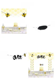 Bumblebee theme first birthday party decorations including ONE banner and cake topper set