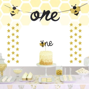 Bumblebee Bee First Birthday Banner And Cake Topper Paper Glitter One Lettering Pull Flag For Baby Boy Girl Party Decor