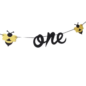 Bumble bee themed one banner for first birthday party decoration with gold glitter bees