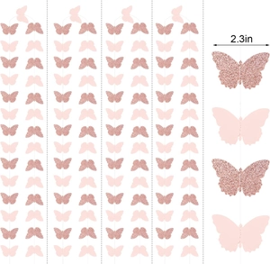 Close-up of pink butterfly paper garland with 2.3 inch glitter and matte wings decoration