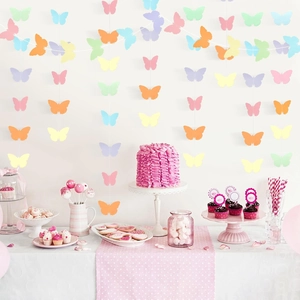 Vertical macaron butterfly paper garlands used as a dreamy party backdrop for a dessert table