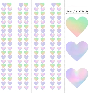 Vertical iridescent laser heart hanging decorations with 5cm width measurement detail