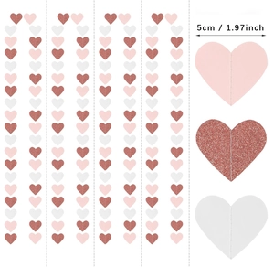 Detail of 5cm heart banner garlands in pink, rose gold glitter, and white colors