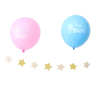 Pink and blue gender reveal balloons with golden star garland for baby shower party