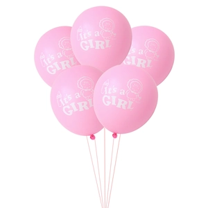 Set of 5 pink It's a Girl balloons with cute baby girl illustrations for baby shower decor