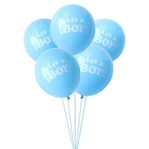 Five light blue latex balloons with white It's a Boy print and ribbons for baby showers
