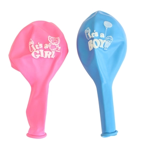 Blue and pink gender reveal latex balloons with It's a Boy and Girl printed graphics