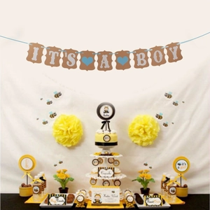 Banderole en papier kraft rustique IT'S A BOY avec cœur bleu pour fête de naissance