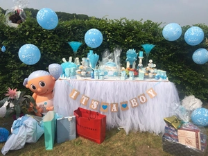 Table de desserts en plein air pour baby shower avec bannières et ballons bleus It's a boy
