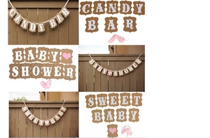 Brown kraft paper banners with Candy Bar and Baby Shower text for party decoration