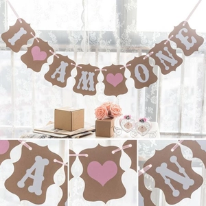 Kraft Paper Birthday Banner I Am One Bunting Heart Bone Design Baby Shower Party Decoration