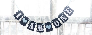 Close-up of I AM ONE birthday bunting with blue hearts and bone icons for party decor