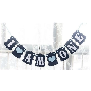 Blue heart 'I AM ONE' first birthday party banner hanging decoration for boys or girls