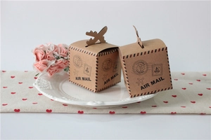 Detail of vintage air mail kraft paper gift box with airplane handle and postmark
