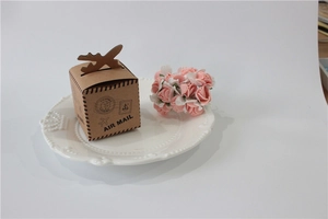 Detail of kraft paper gift box with airplane wooden handle and air mail stamp pattern