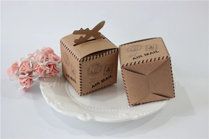 Vintage air mail kraft paper favor box with airplane handle on ceramic plate