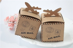 Macro detail of kraft paper air mail gift boxes with a 3D airplane closure design