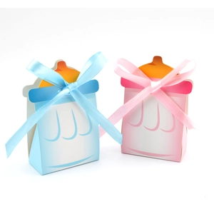 Boîtes à bonbons en forme de biberon avec ruban rose et bleu pour baby shower