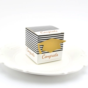 Minimalist black and white striped graduation gift box with gold congrats text and cap