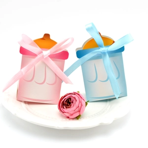 Boîte à Bonbons en Papier Forme de Biberon Avec Nœud en Ruban de Satin Pour Baby Shower Anniversaire Fête Cadeau Emballage