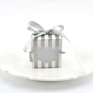 Detail of graduation gift box with silver stripes, bow, and academic cap on white plate