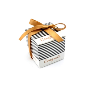 Black and white striped gift box with gold Congrats lettering and a yellow satin bow