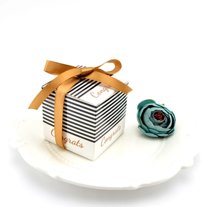 Elegant black and white striped wedding candy box with gold ribbon and Congrats text