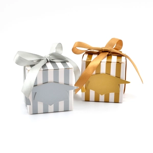 Graduation Candy Box Striped Paper Gift Case With Doctoral Hat Decor And Ribbon For Party Favors Celebration