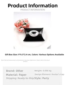 Black polka dot pillow gift box with PhD cap thank you label for graduation party