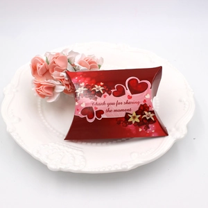 Pillow-shaped dark red gift box with heart floral patterns and Thank You quote