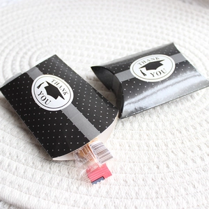 Black polka dot graduation gift box with mortarboard icon and Thank You sticker