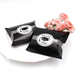 Doctoral hat graduation candy box with black polka dots and Thank You sticker for parties