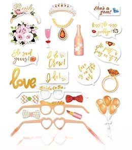 Accessori per foto di matrimonio in oro rosa con occhiali e champagne